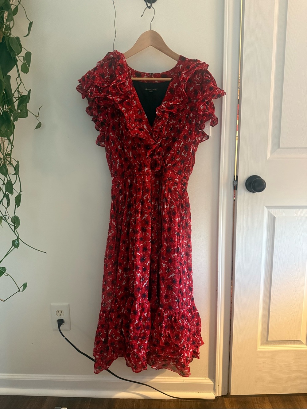 Brooks Brothers Red Floral Ruffle-Trim Midi Dress